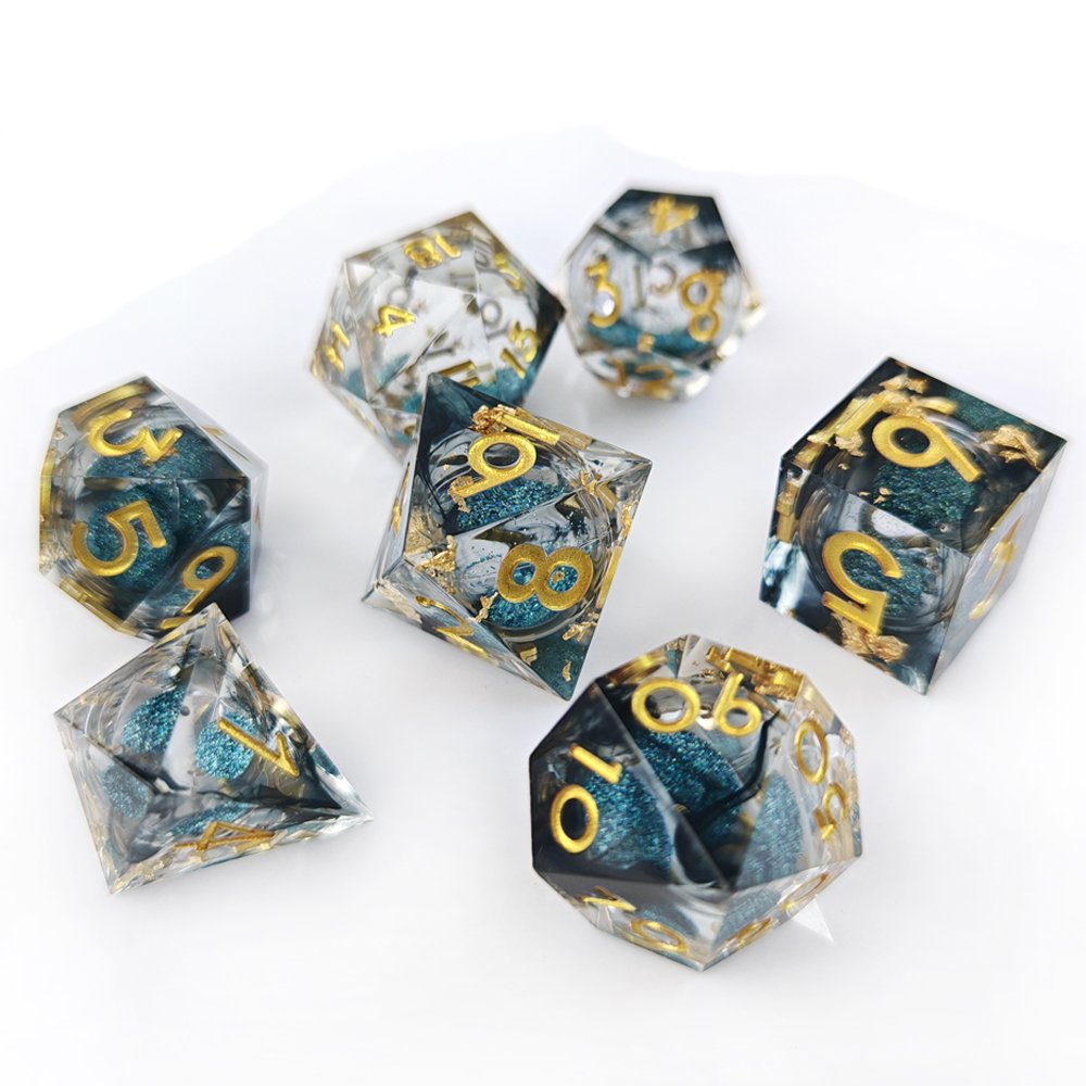Best Christmas Gift Blue Liquid Core Dice Handmade Sharp Edge Resin Set for Adult DND Games and RPG Games