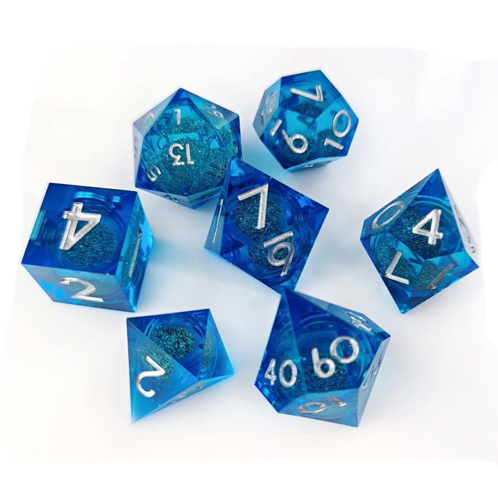 Best Christmas Gift Blue Liquid Core Dice Handmade Sharp Edge Resin Set for Adult DND Games and RPG Games