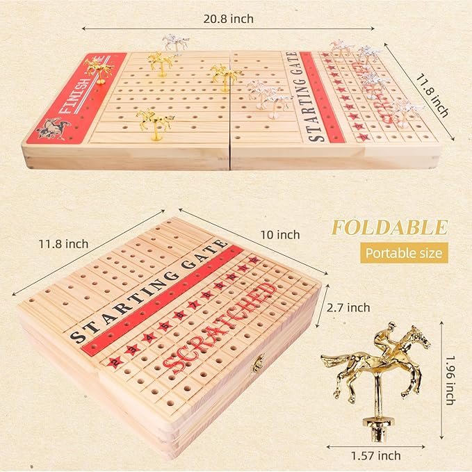Horse Racing Board Game Set Foldable Solid Wood Adult Board Games Dice Cards Kids with Luxurious Metal Horses Family Derby Day