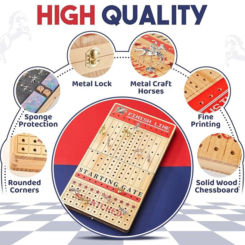 Horse Racing Board Game Set Foldable Solid Wood Adult Board Games Dice Cards Kids with Luxurious Metal Horses Family Derby Day