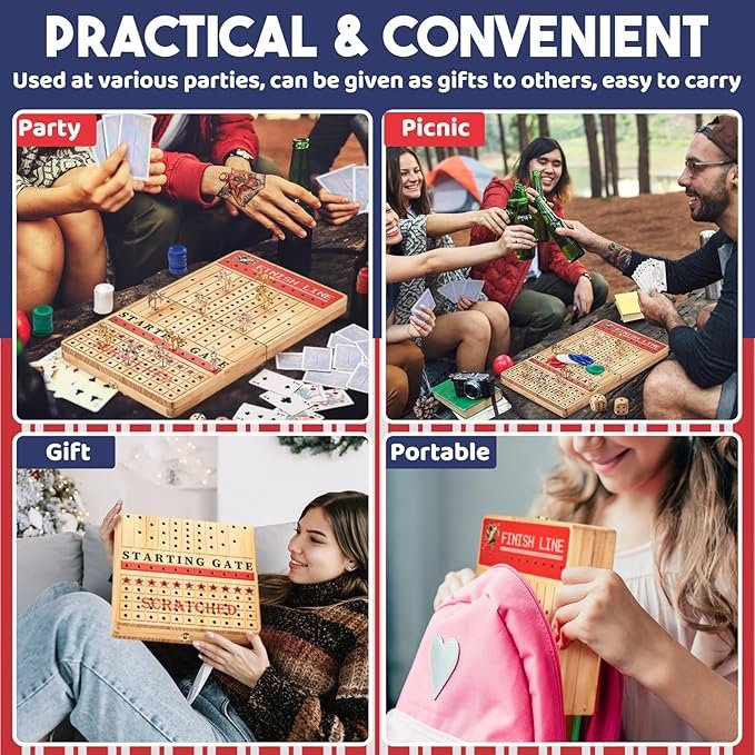 Horse Racing Board Game Set Foldable Solid Wood Adult Board Games Dice Cards Kids with Luxurious Metal Horses Family Derby Day