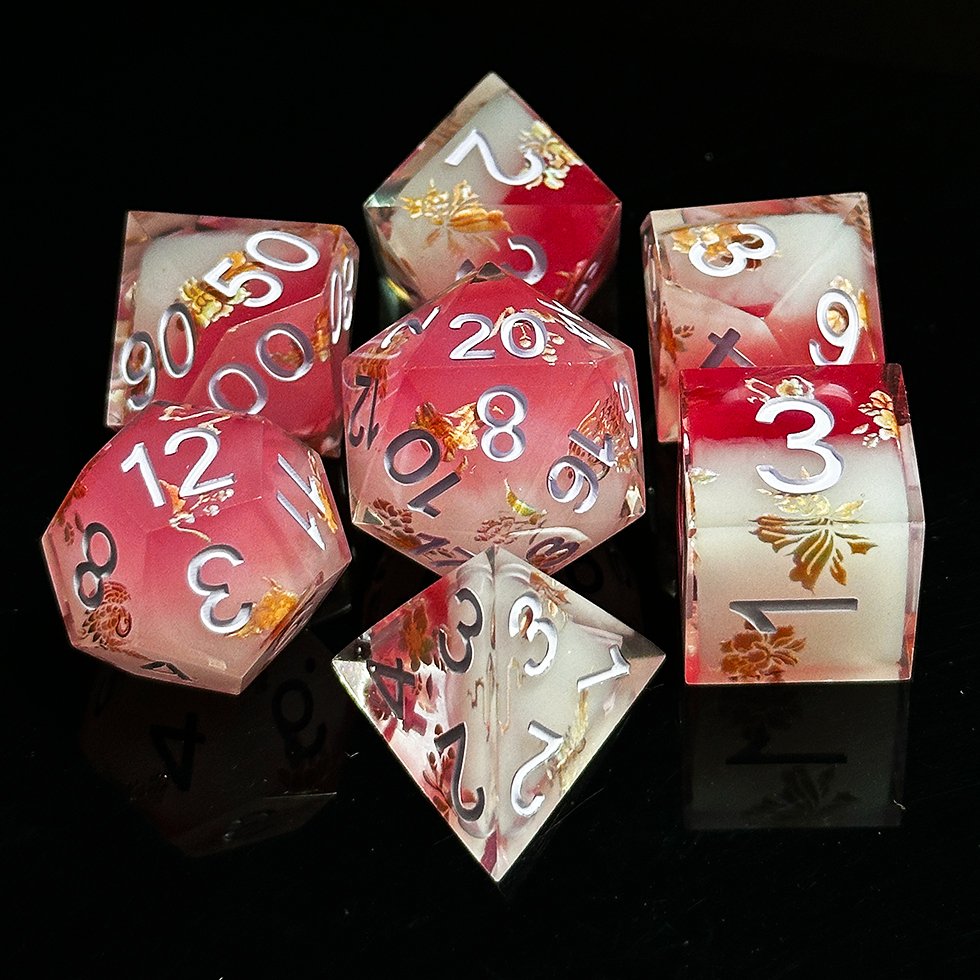 Factory Sharp edged Dnd Pink Gold Carving resin Dice For Dungeons and Dragons Polyhedral RPG Dice set for adult dice games