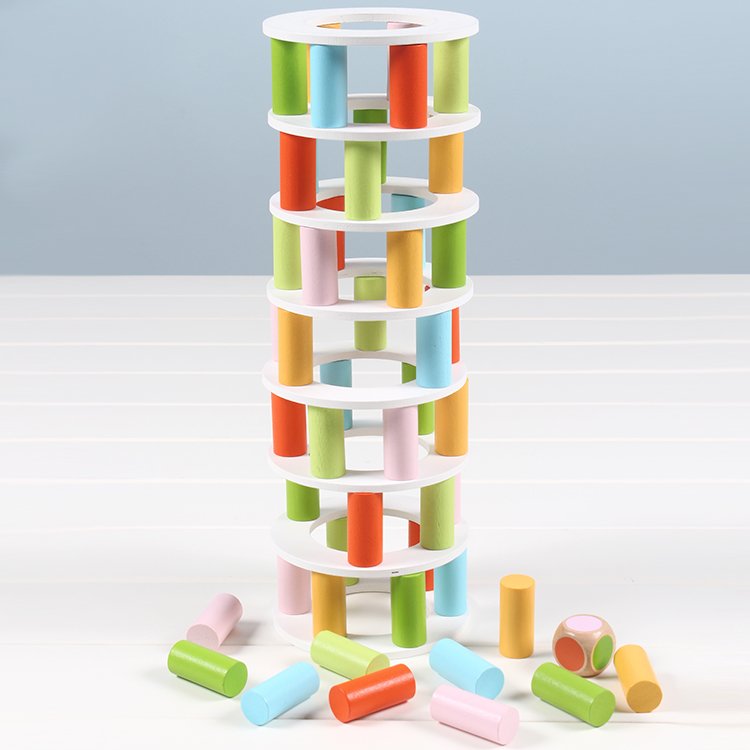 Wooden building tower stacking game with Dice Toppling Leaning Tower Toy Montessori Family Party Games for Kids and Adults