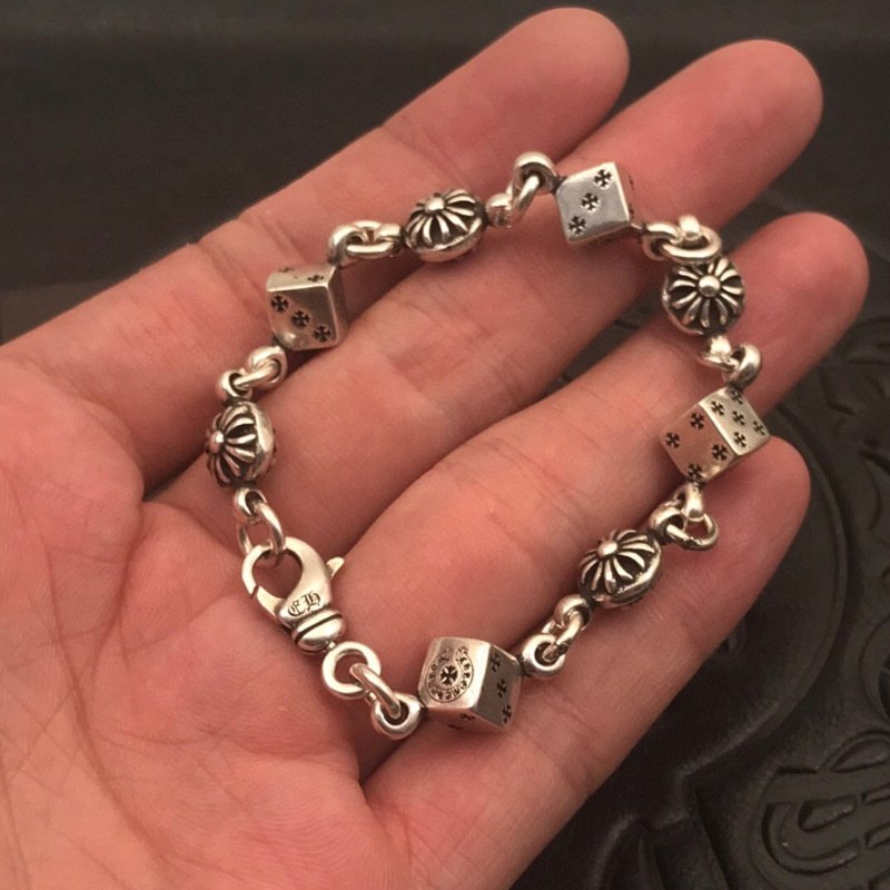 Customized Jewelry Punk Style Oxidation Vintage 925 Sterling Silver Dice Chrome Heart Bracelets