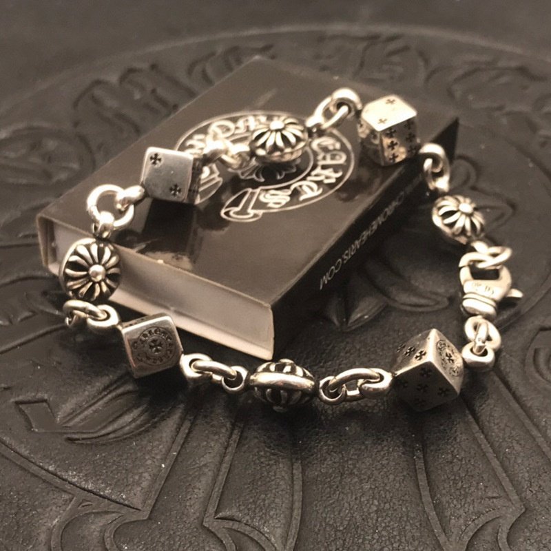 Customized Jewelry Punk Style Oxidation Vintage 925 Sterling Silver Dice Chrome Heart Bracelets