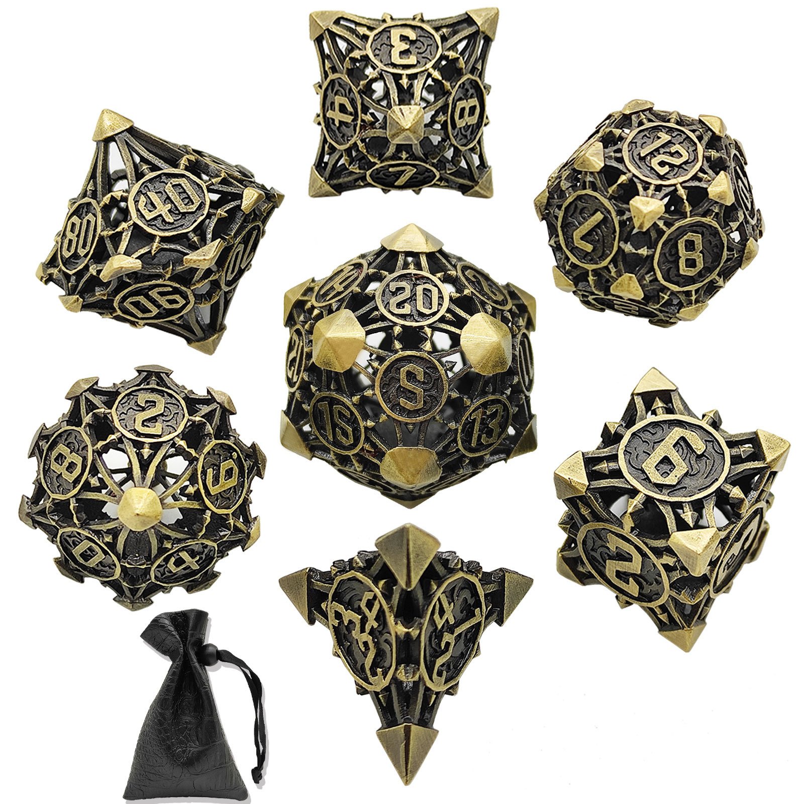Mini Planet Wholesale RPG Board Games Handmade polyhedral Copper hollow Metal dice set 7pcs Dice Custom Logo for DND MTG Players