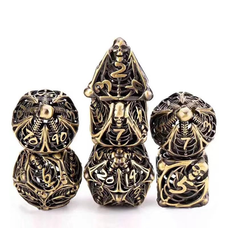 Copper Hollow Polyhedral DND 7pcs Dungeons and Dragons Metal dice with 3D hollowl Feature, Hollowed Metal Dice Ancient Gold