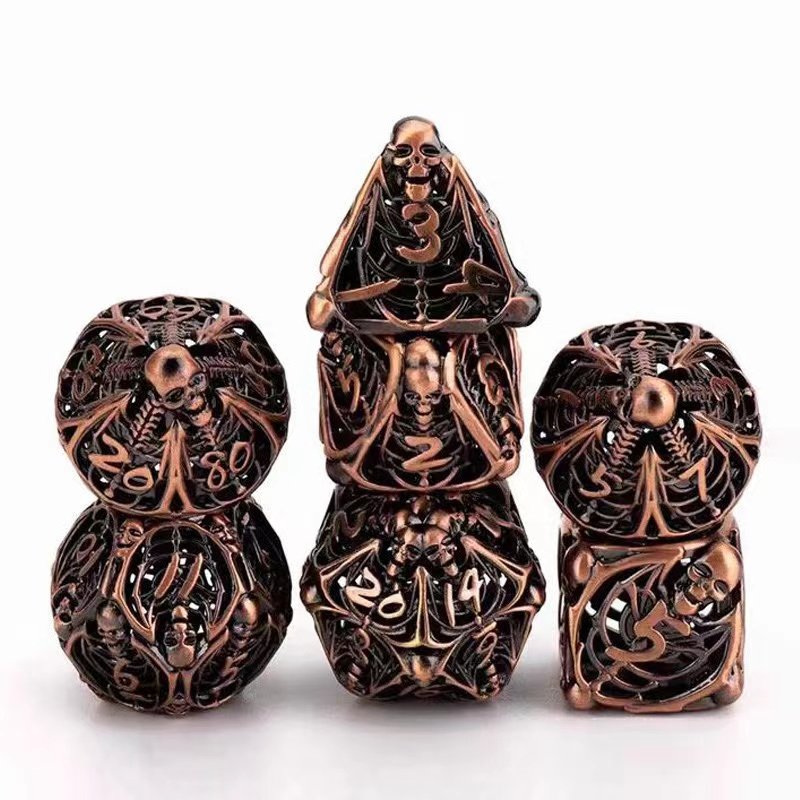 Copper Hollow Polyhedral DND 7pcs Dungeons and Dragons Metal dice with 3D hollowl Feature, Hollowed Metal Dice Ancient Gold