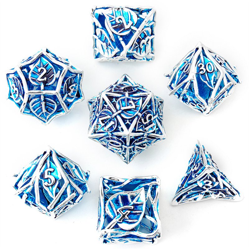 7-piece set of vibrant leaf flower metal dice - hollow polyhedral RPG dice, suitable for D&D dragons and dungeons