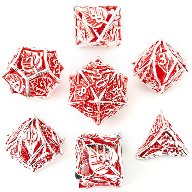 7-piece set of vibrant leaf flower metal dice - hollow polyhedral RPG dice, suitable for D&D dragons and dungeons