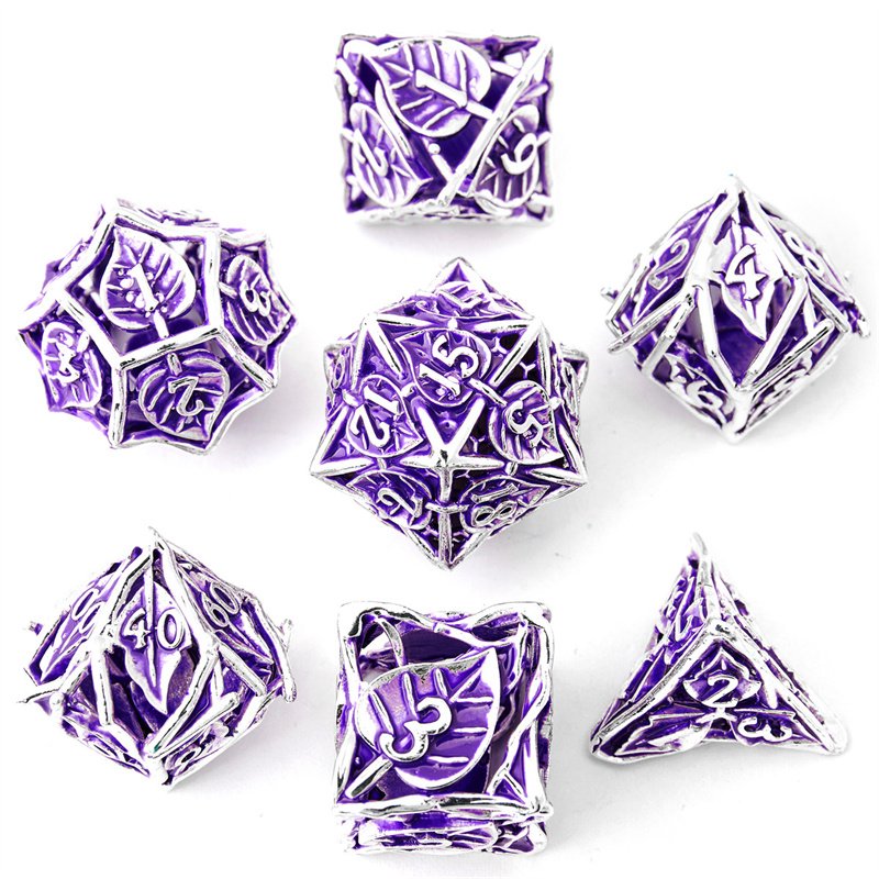 7-piece set of vibrant leaf flower metal dice - hollow polyhedral RPG dice, suitable for D&D dragons and dungeons