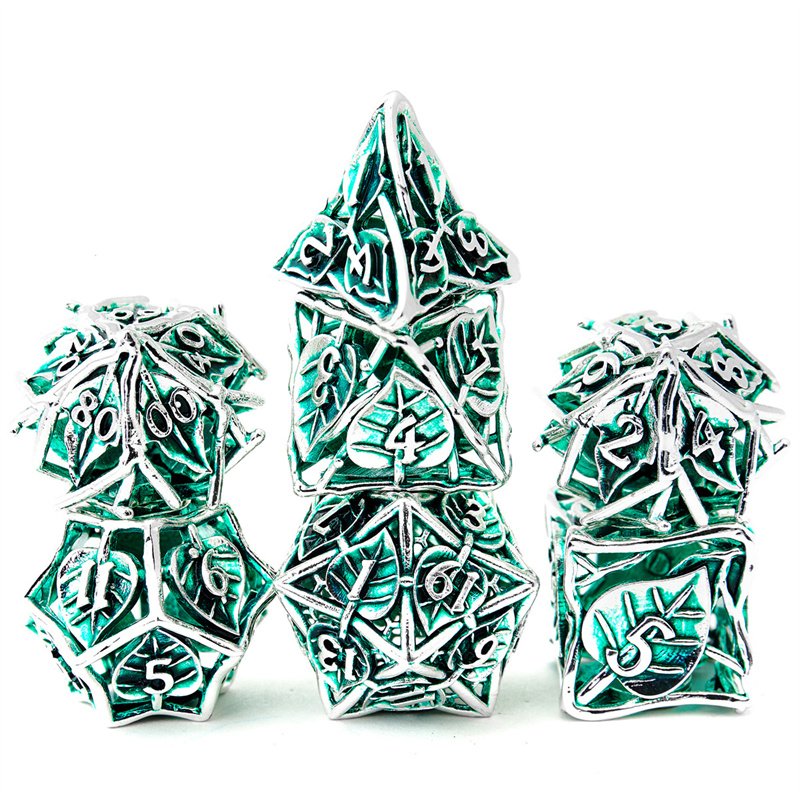 7-piece set of vibrant leaf flower metal dice - hollow polyhedral RPG dice, suitable for D&D dragons and dungeons