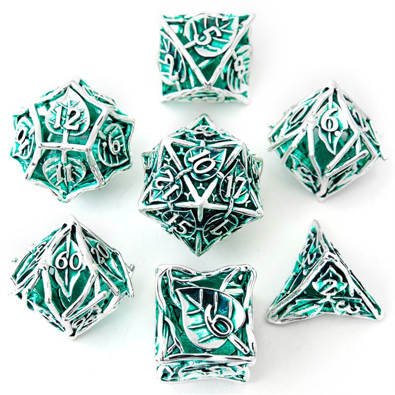7-piece set of vibrant leaf flower metal dice - hollow polyhedral RPG dice, suitable for D&D dragons and dungeons