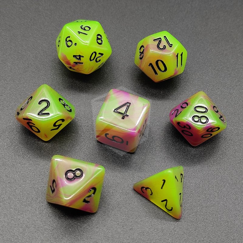 Luminous Fluorescent double colors 7pcs per rpg dice set PMMA DND TRPG game plastic polyhedral dices DND dice