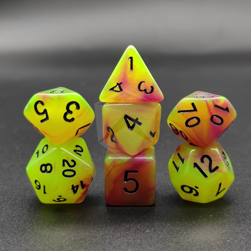 Luminous Fluorescent double colors 7pcs per rpg dice set PMMA DND TRPG game plastic polyhedral dices DND dice