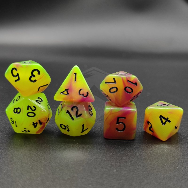 Luminous Fluorescent double colors 7pcs per rpg dice set PMMA DND TRPG game plastic polyhedral dices DND dice