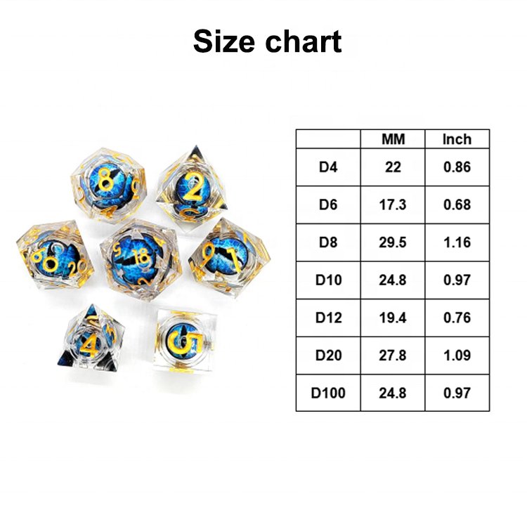 JMS custom resin d20 d6 moving dragon eye inside sharp light blue throwing dice for games