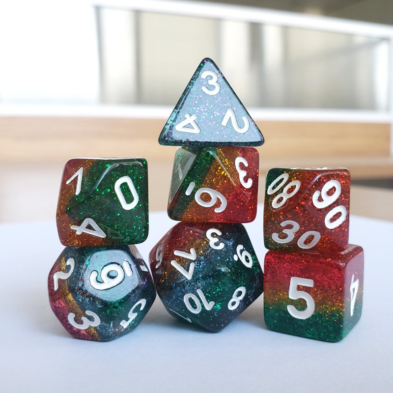 Customized New Design RPG DND Polyhedral Glittering Resin Dice Multiple Layers Colored Bulk Dice Per Set 7pcs