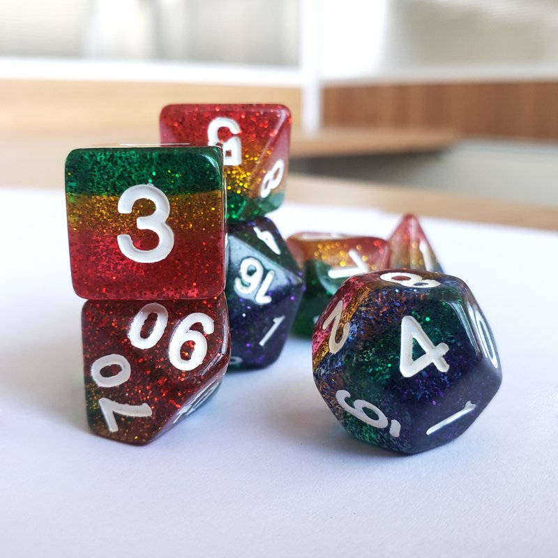 Customized New Design RPG DND Polyhedral Glittering Resin Dice Multiple Layers Colored Bulk Dice Per Set 7pcs