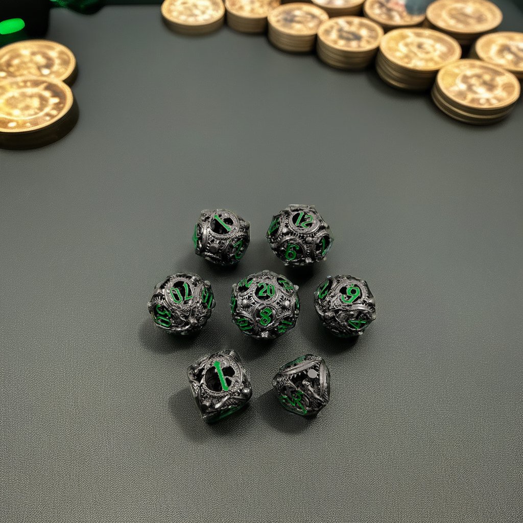 Mini Planet Wholesale RPG Board Games Handmade polyhedral Hollow Copper Metal 7pcs Dice Set Custom Logo for DND MTG Players
