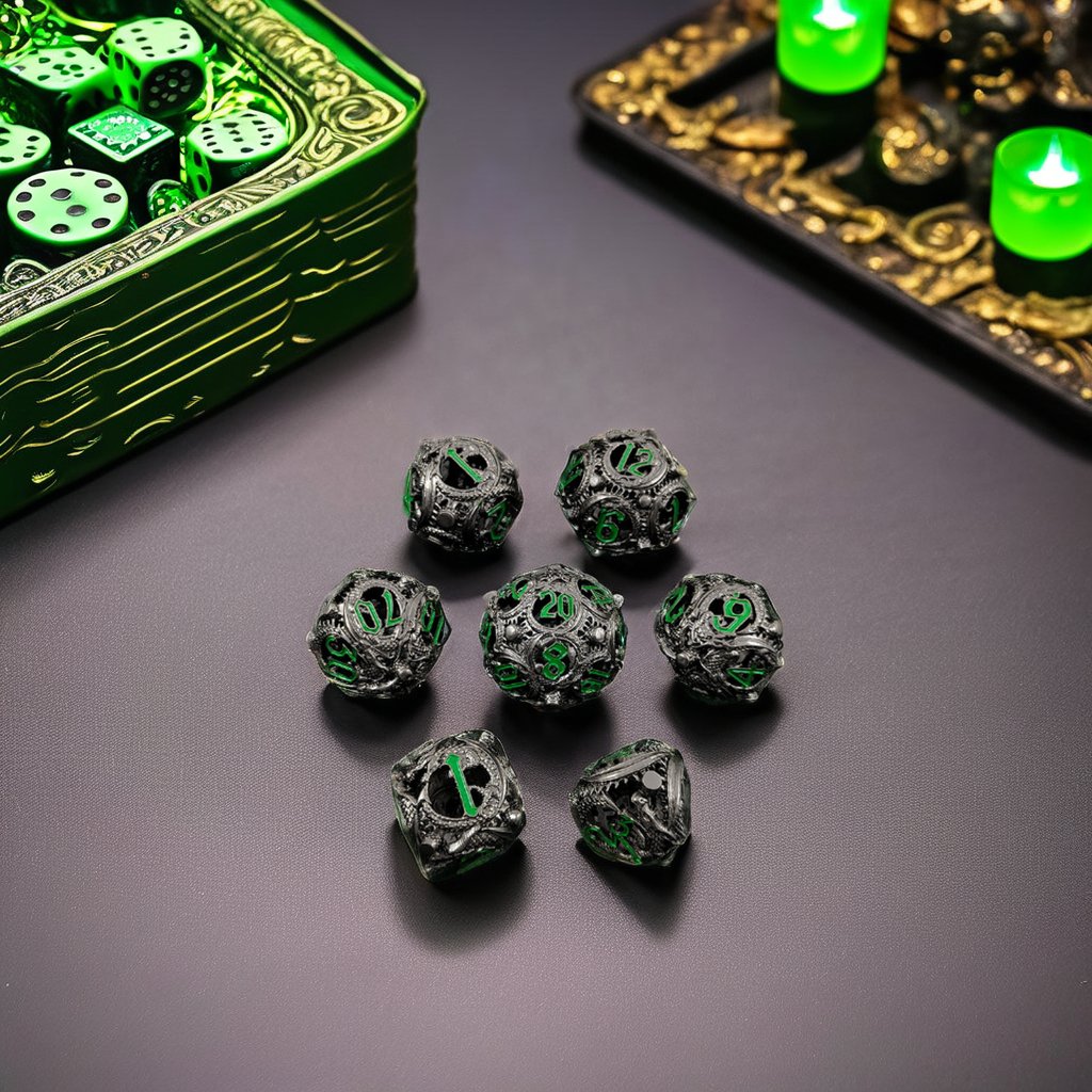Mini Planet Wholesale RPG Board Games Handmade polyhedral Hollow Copper Metal 7pcs Dice Set Custom Logo for DND MTG Players