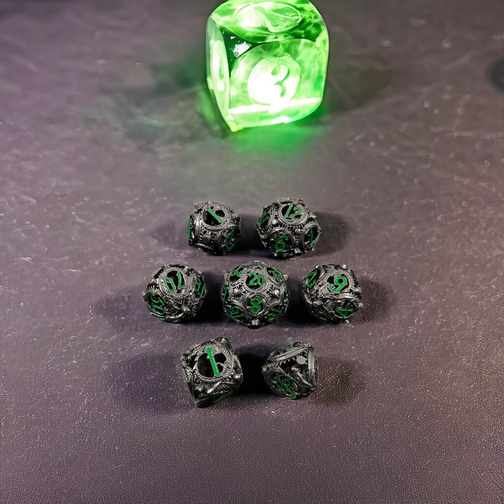 Mini Planet Wholesale RPG Board Games Handmade polyhedral Hollow Copper Metal 7pcs Dice Set Custom Logo for DND MTG Players