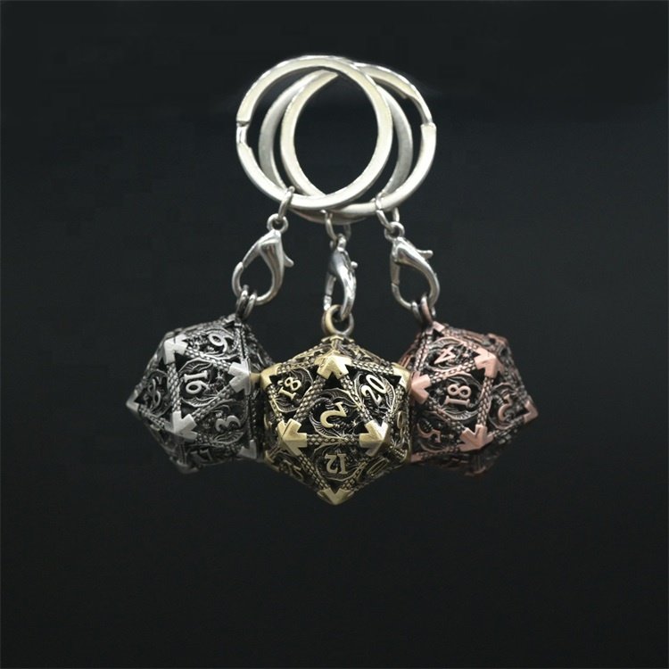 Portable Dragon Hollow 35mm Small D20 Metal Dice Keychain with 6mm Mini Dice