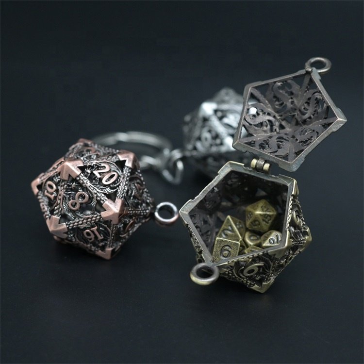 Portable Dragon Hollow 35mm Small D20 Metal Dice Keychain with 6mm Mini Dice