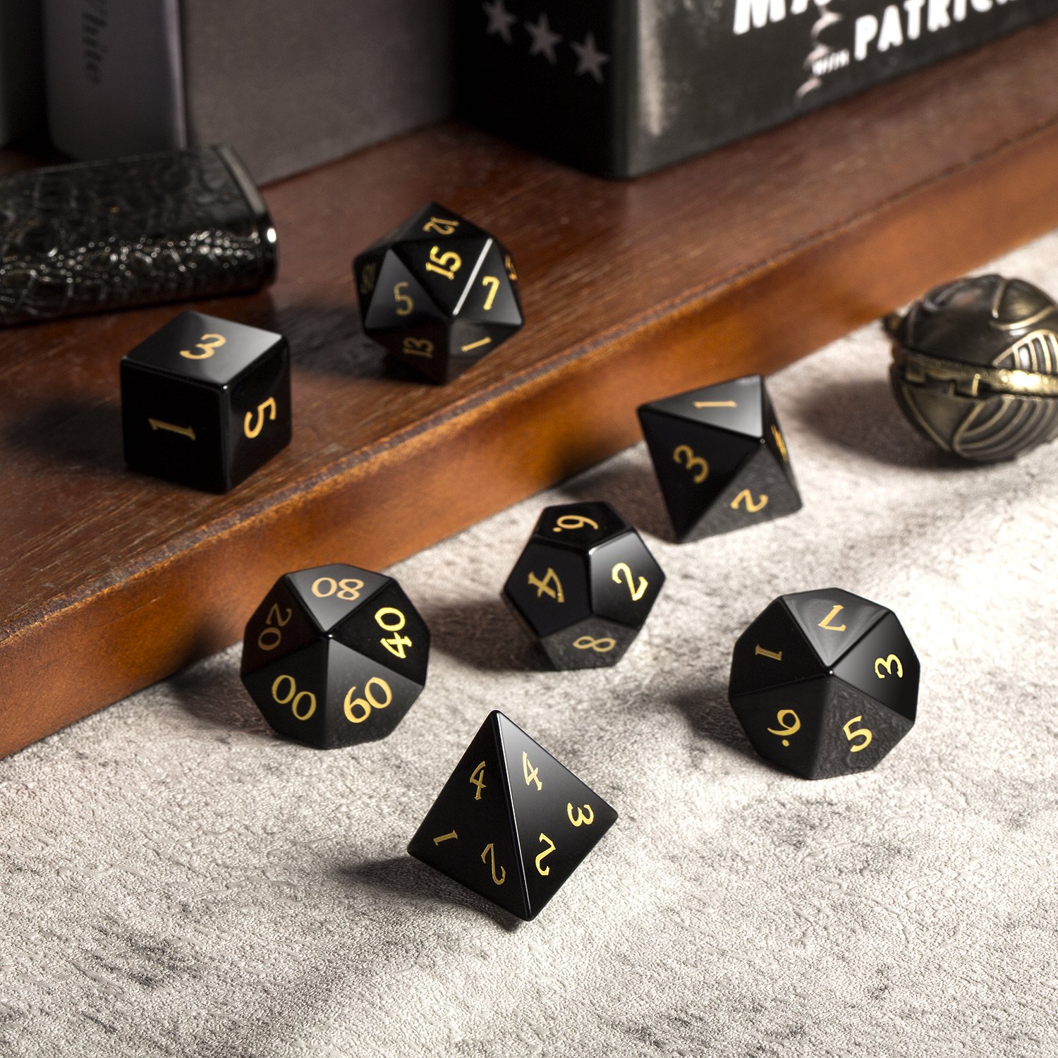 Factory OEM Natural Gemstone Dice Custom Engraved DND Dice Stone Handmade Polyhedral Dice Set for Table Games Obsidian