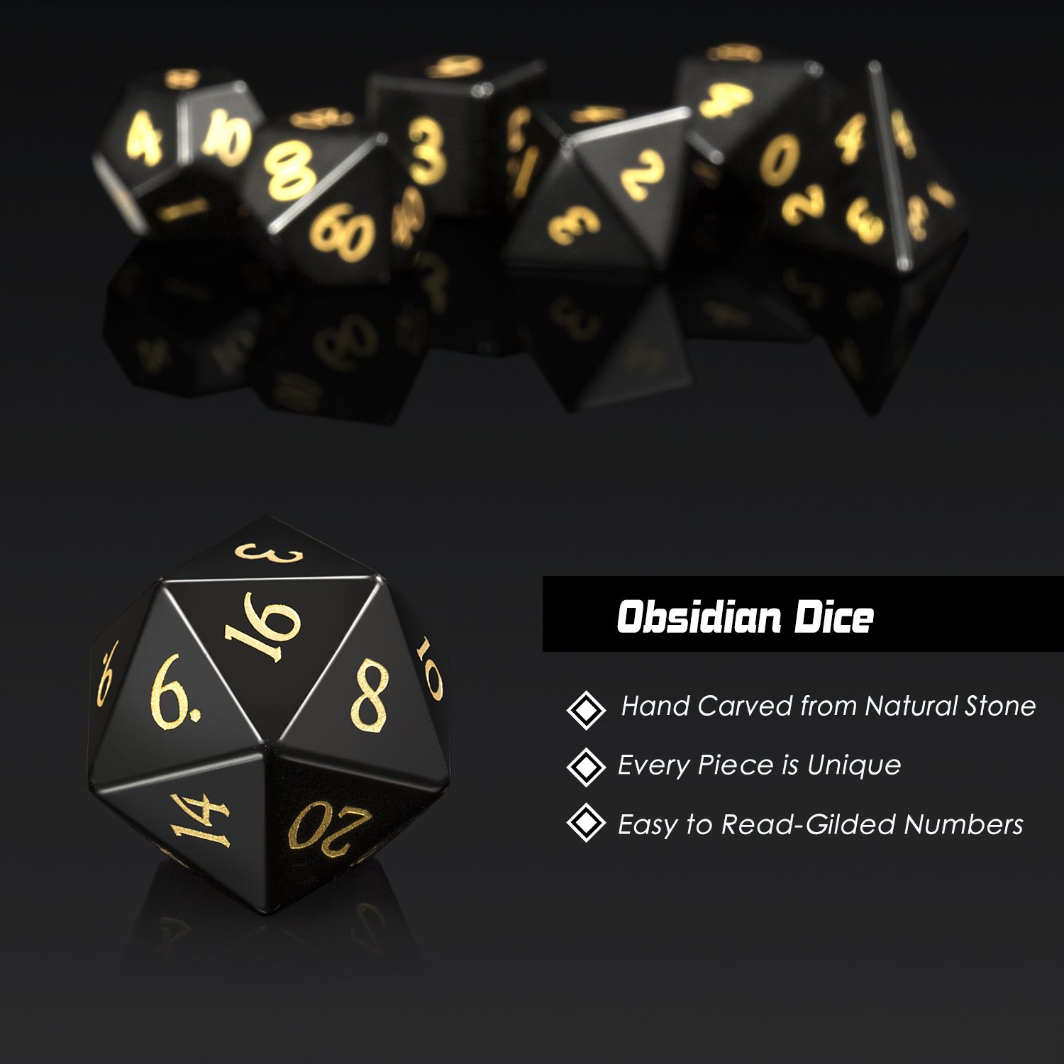 Factory OEM Natural Gemstone Dice Custom Engraved DND Dice Stone Handmade Polyhedral Dice Set for Table Games Obsidian