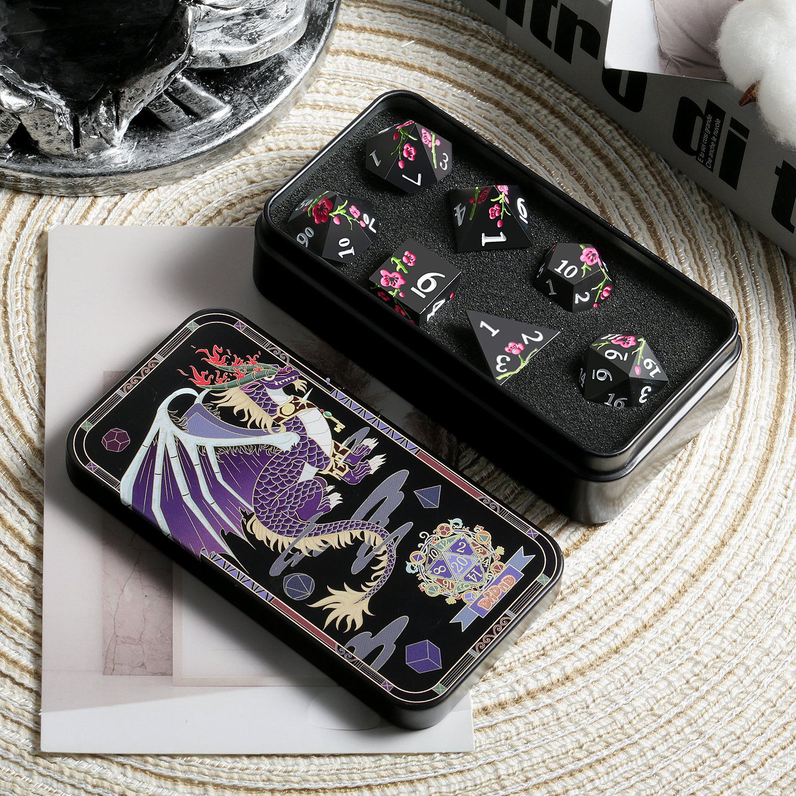 Custom Metal Dnd Dice Manufacturer Playing Dice Set D&D Plum Blossom RPG Dice for Game Black