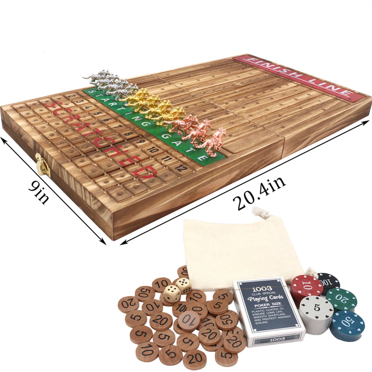 Solid Wood with 11 Metal Horses with 2 Dice and 1 Cards Line Horse Racing Game Horse Race Board