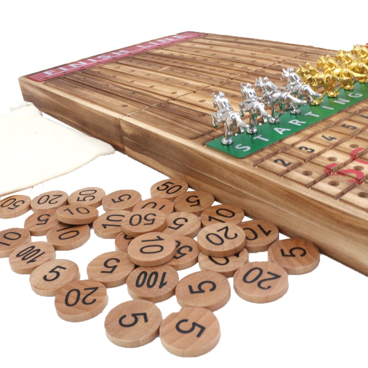 Solid Wood with 11 Metal Horses with 2 Dice and 1 Cards Line Horse Racing Game Horse Race Board