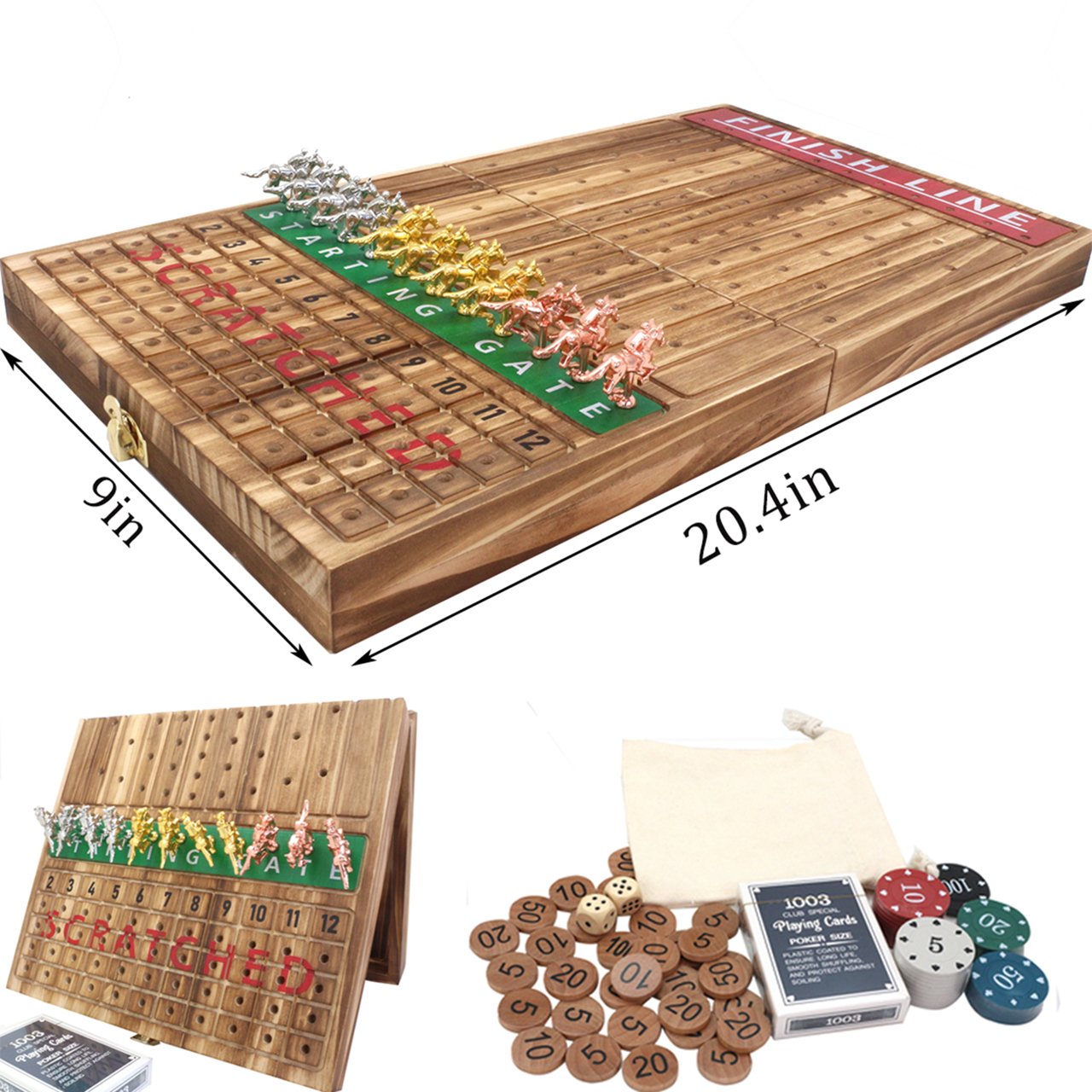 Solid Wood with 11 Metal Horses with 2 Dice and 1 Cards Line Horse Racing Game Horse Race Board