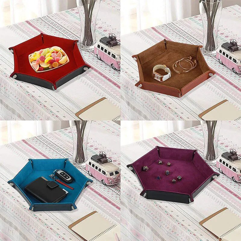 Rolling Folding Hexagon Dice Game Storage Tray Holder Double Sided Thick PU Leather&Velvet Dice Mat Office Supplies