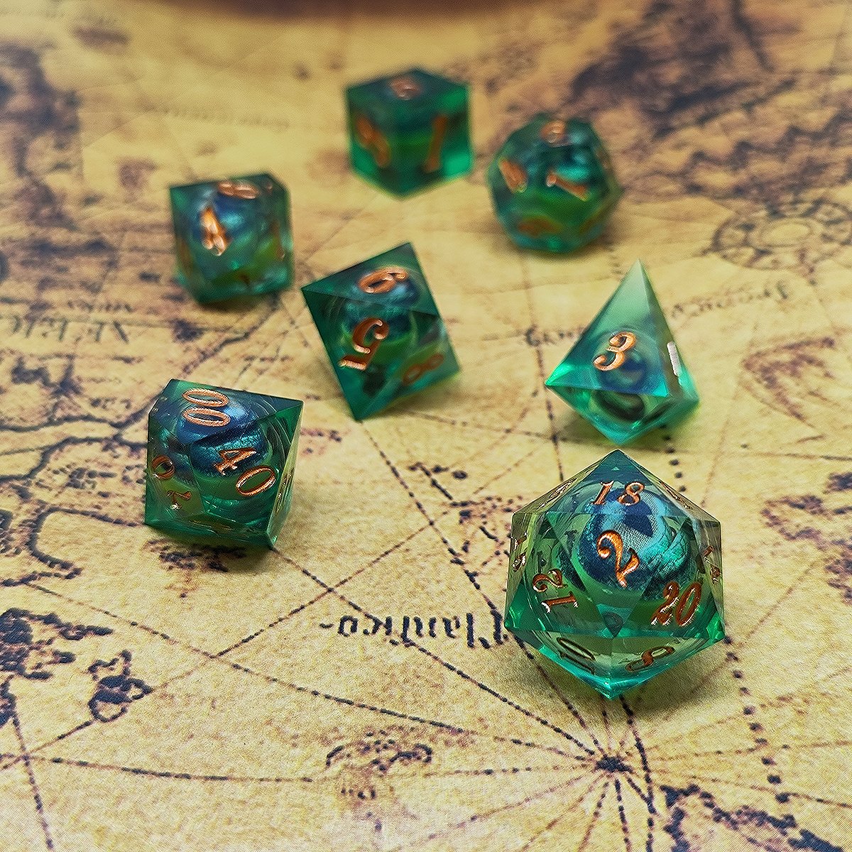Custom Logo Dungeons & Dragons RPG Set 7 Polyhedral Crocodile Tears Metal Dice Liquid Core Resin Sharp Edge Dice Cup DND Game
