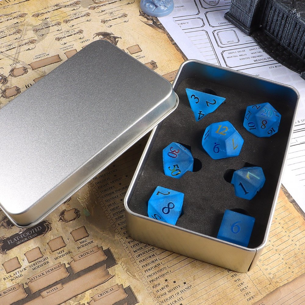 Dices Custom Logo Frosted Blue DND RPG Gemstone Polyhedral Dice Sets For Table Board Game