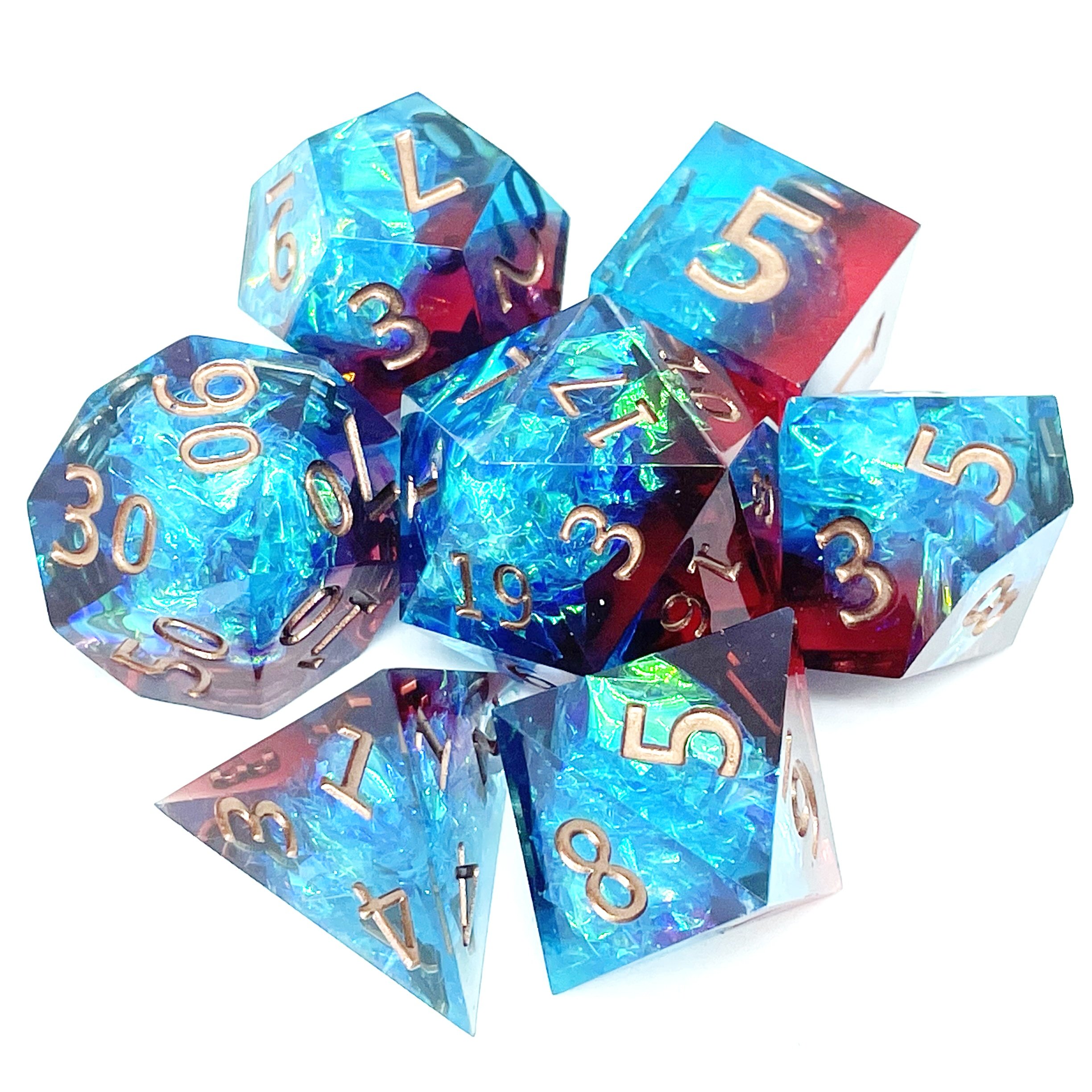 Polyhedral resin DND die set, hand polished sharp desktop D & D RPG game dice with contents