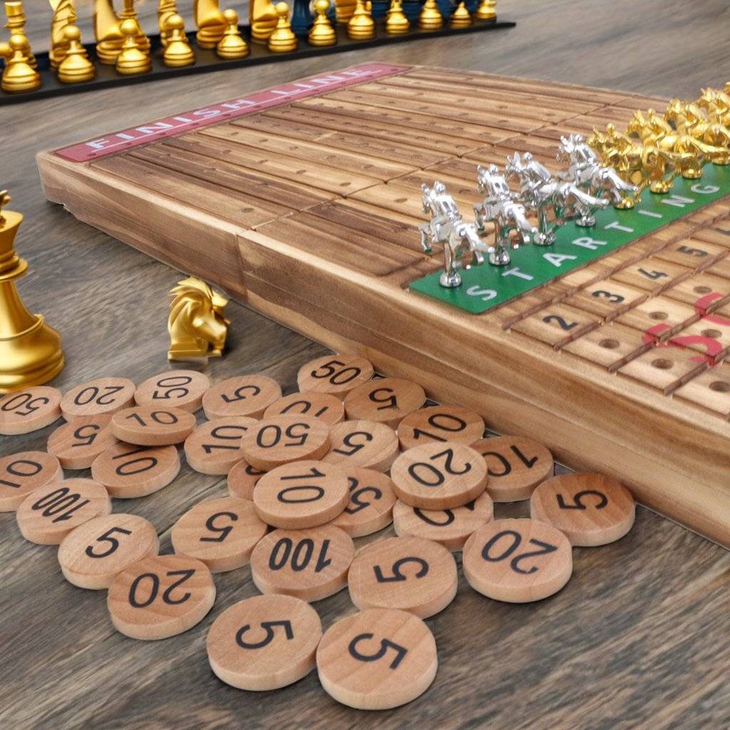Thickened Wood 11 Luxurious Durable Classic Horses 2 Dice and 1 Boxes of Cards Horse Racing Game