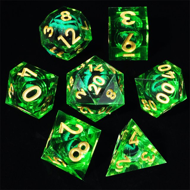 MINI PLANET Handmade Polyhedron RPG Dice Set Green Dragon Eye Liquid Core Resin Dragon and Dungeon DND Board Game Dice