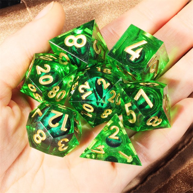 MINI PLANET Handmade Polyhedron RPG Dice Set Green Dragon Eye Liquid Core Resin Dragon and Dungeon DND Board Game Dice
