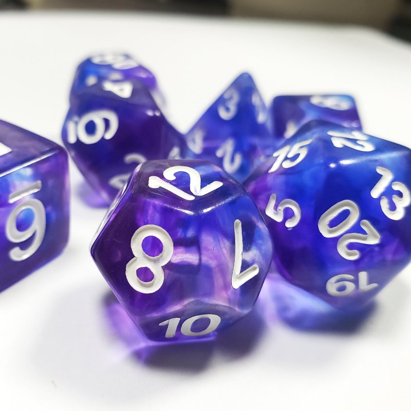Dungeons And Dragons Board Game Polyhedral Resin Custom Logo Rounded Corner Blue Purple Colorful Smoke Dnd Rpg Dice Set