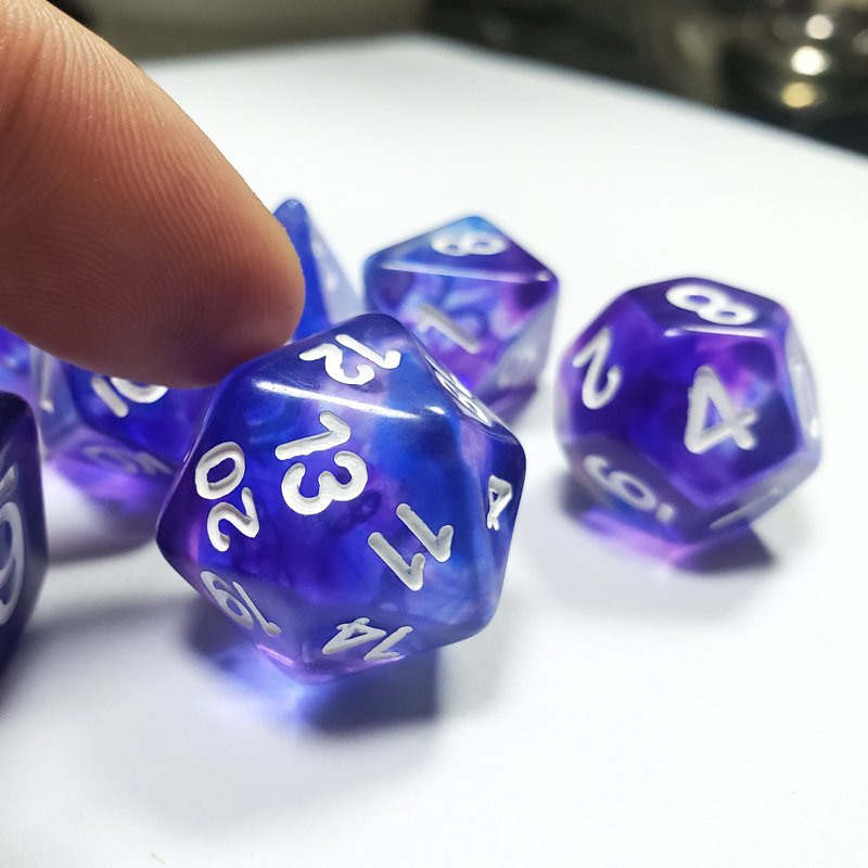 Dungeons And Dragons Board Game Polyhedral Resin Custom Logo Rounded Corner Blue Purple Colorful Smoke Dnd Rpg Dice Set