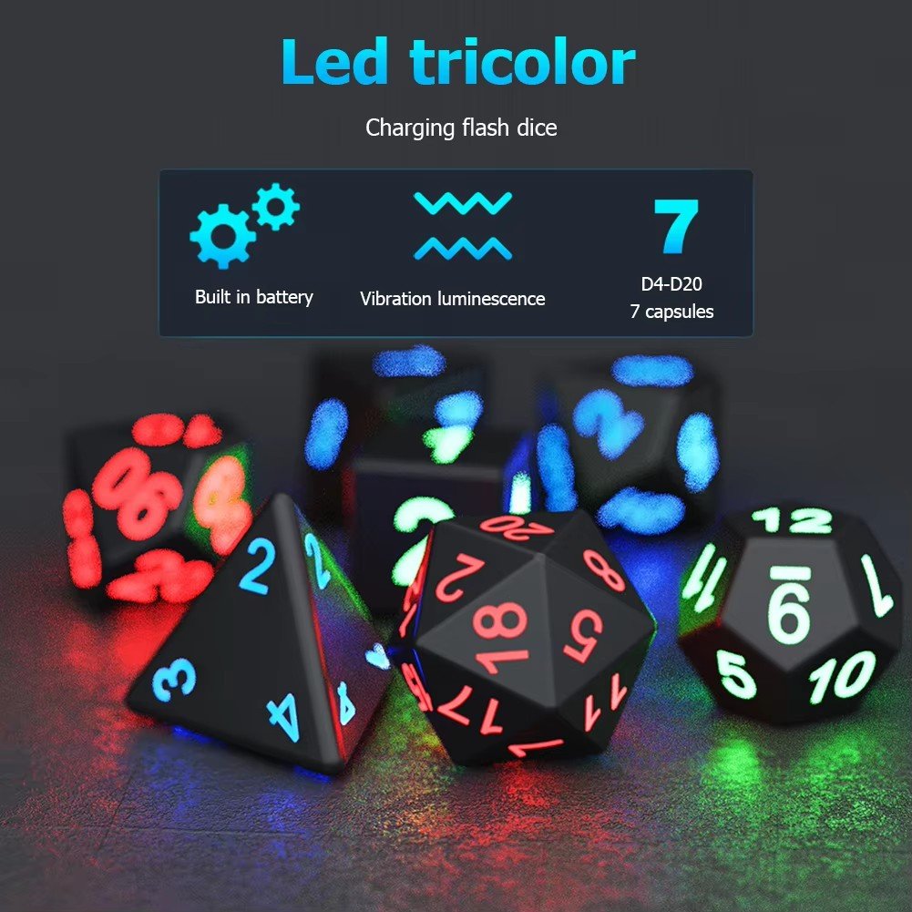 Light Up Colorful Dice Set Rechargeable LED DND Dice for D&D Party Games with Charging Box