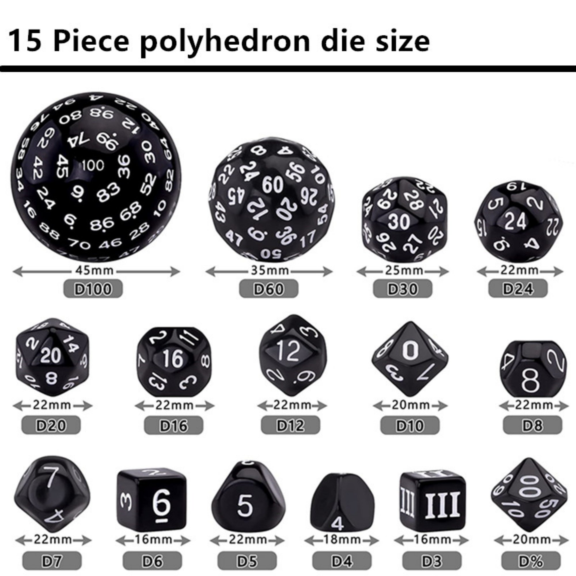 MINI PALENT Acrylic 15pcs DND Dice Set D3-D100 Polyhedral Dice TRPG Table Games Wholesale Acrylic 100 Sides Dice Set D&D Games