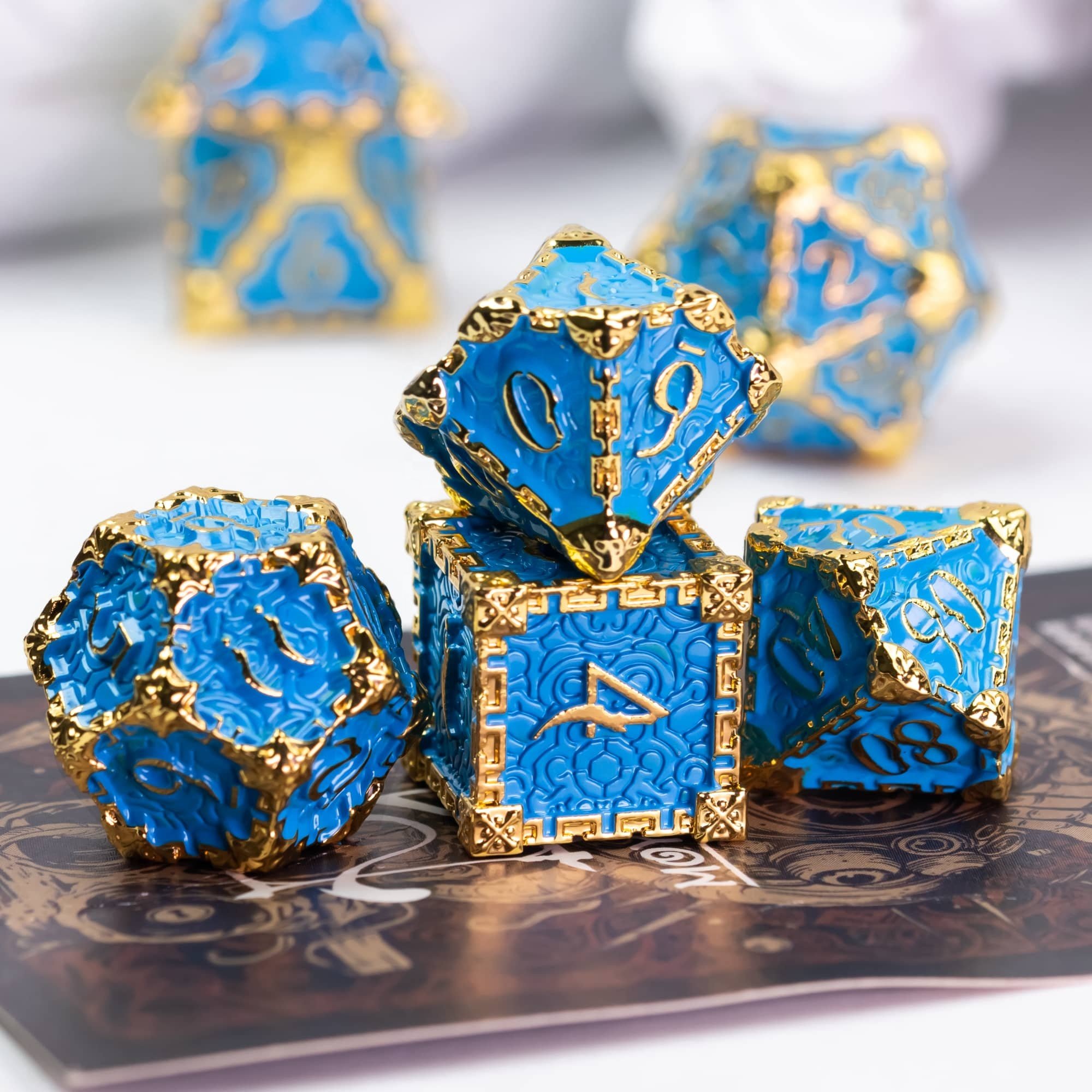 Udixi Polyhedral custom logo rpg dungeons and dragons metal dice game set gold&blue