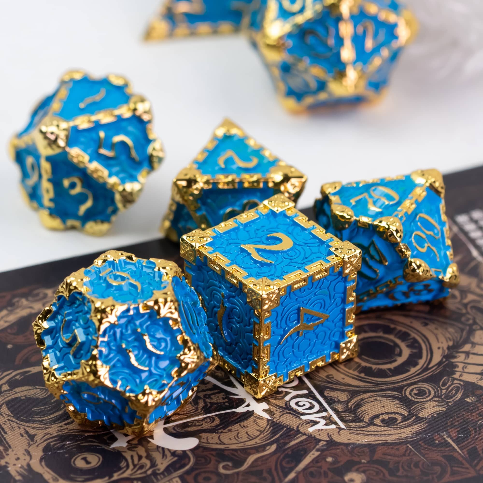 Udixi Polyhedral custom logo rpg dungeons and dragons metal dice game set gold&blue