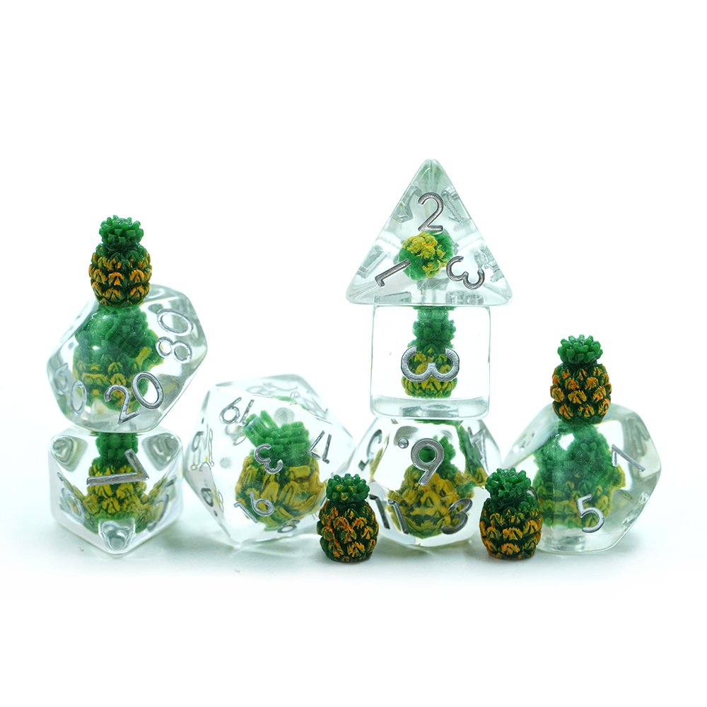 Unique Style Clear 7- Die Polyhedral Blue Dnd Customised Dice With Fruit Pineapple
