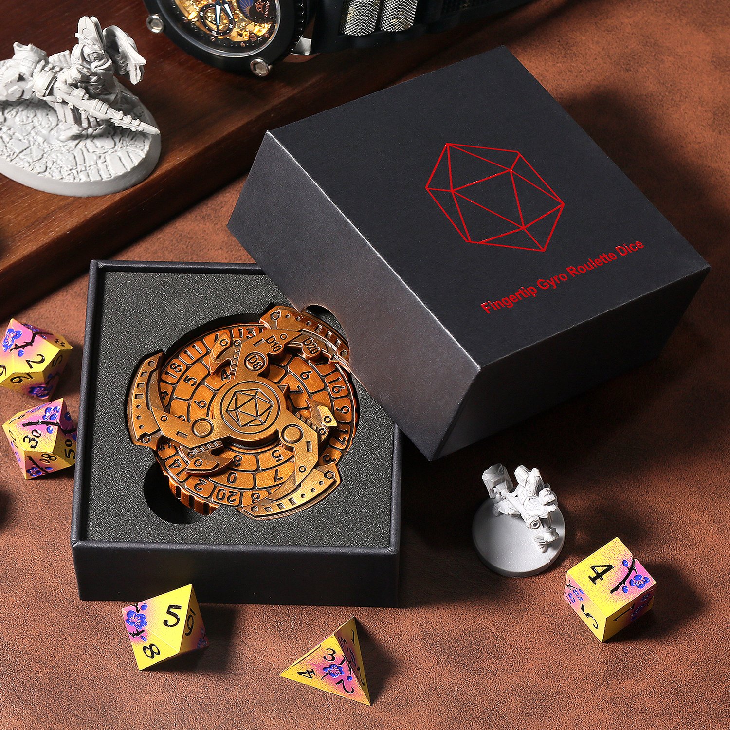 Metal Roulette Dice Spinner DND Dice Set 7-in-1 Dragon Metallic D&D Dice with Gift Case for RPG Tabletop Gold