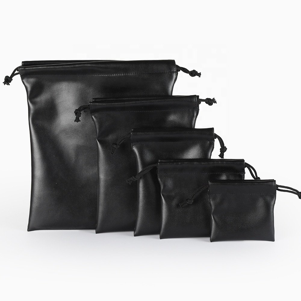 Various Sizes Available Mini Drawstring Storage Bag Gift Packing Bag Cool Black Custom Small PU Leather Bag for Jewelry